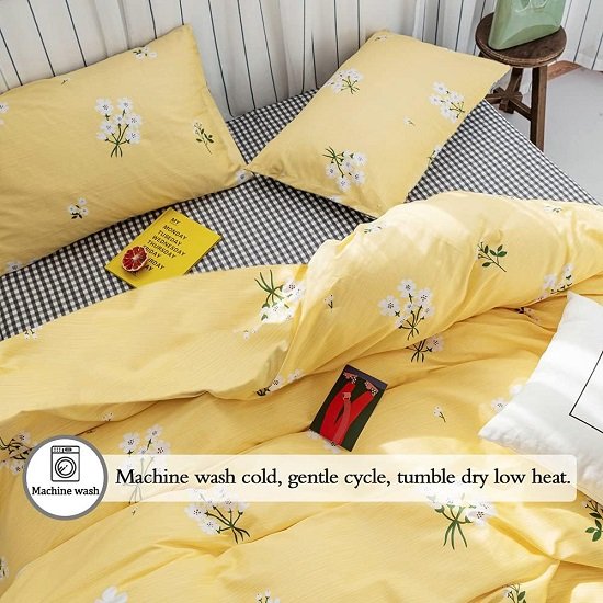 Yellow Floral Bedding Queen Duvet Cover White Flowers Comforter Cover Set Queen Size for Teen Girls Cotton Quilt Cover with Zipper