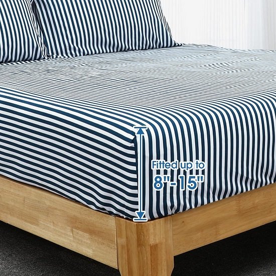 6 Piece Printed King Size Bed Sheets, Extra Soft Brushed Microfiber 1800 Bedding Pattern Sheets, Deep Pocket, Wrinkle & Fade Free, Navy Pinstripe