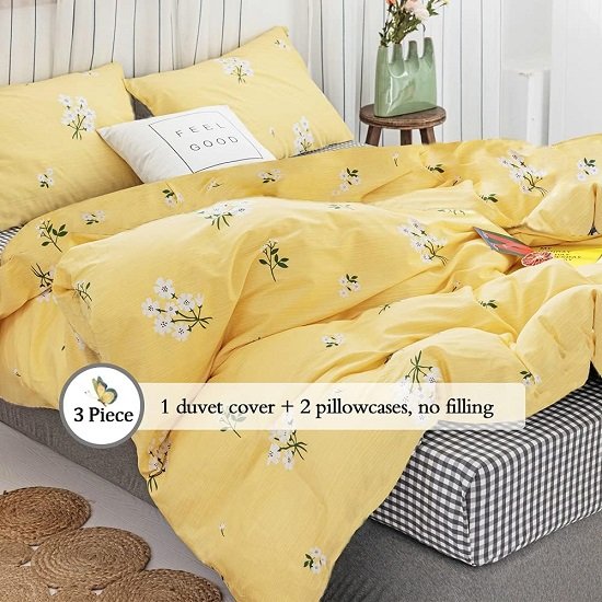 Yellow Floral Bedding Queen Duvet Cover White Flowers Comforter Cover Set Queen Size for Teen Girls Cotton Quilt Cover with Zipper