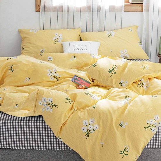 Yellow Floral Bedding Queen Duvet Cover White Flowers Comforter Cover Set Queen Size for Teen Girls Cotton Quilt Cover with Zipper