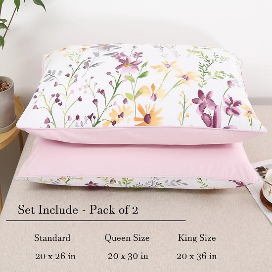 100% Cotton Pillowcases 1000 Thread Count Floral Printed Pillow Cases Set of 2 Pillow Cover (Standard Queen 20x30'', Lilac)